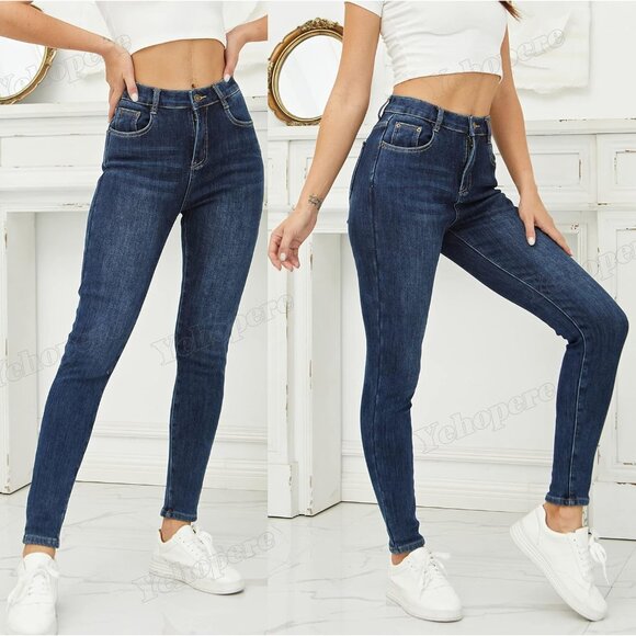 Women's Fleece Lined Slim Fit Thermal Jeans High Waist Winter Denim - Picture 3 of 6
